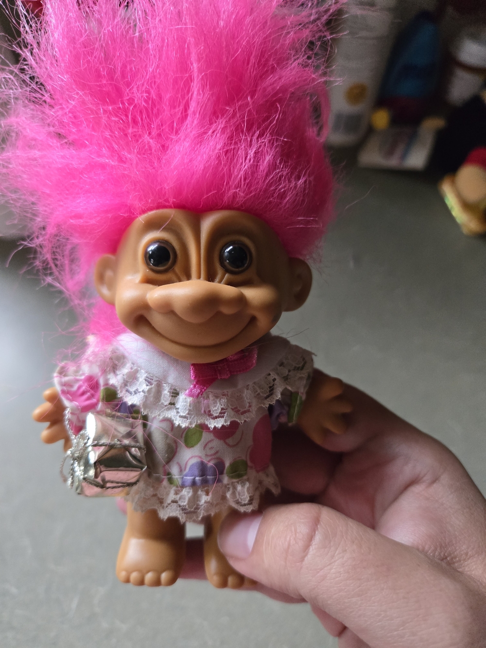 Pink-Haired Troll Doll Figure with Floral Outfit